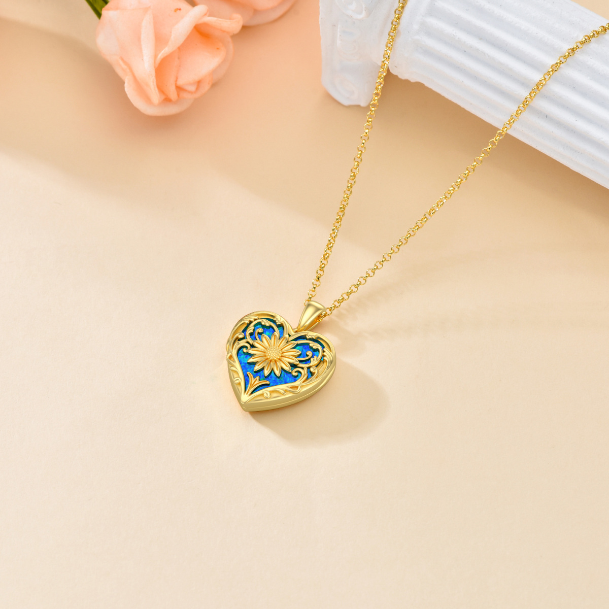 14K Gold Opal Sunflower & Heart Personalized Photo Locket Necklace-4