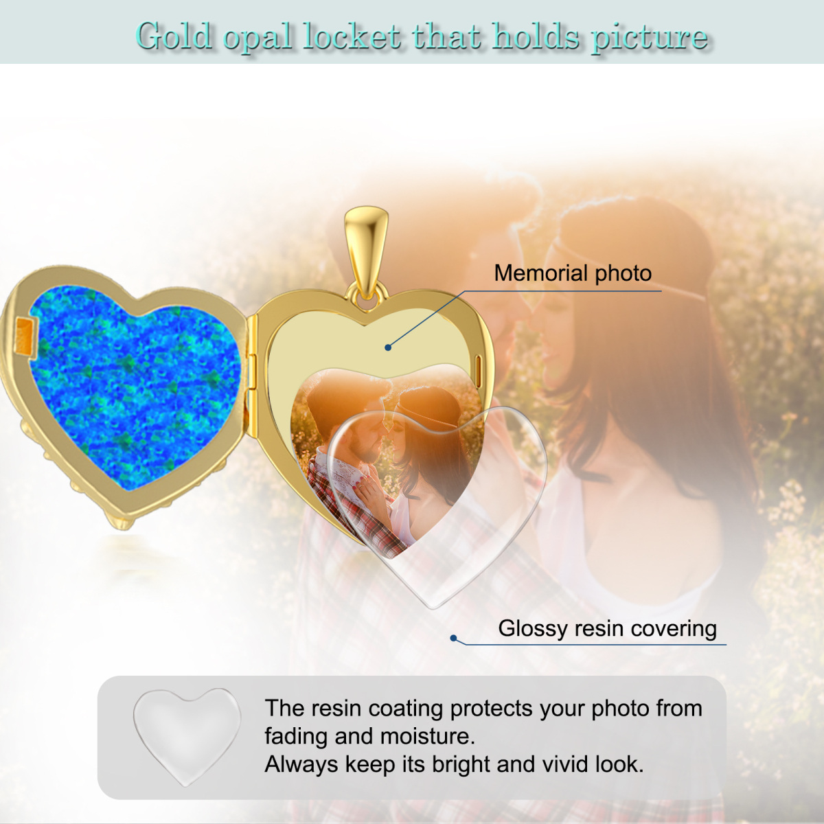 18K Gold Sonnenblume Herz Opal personalisierte Gravur Foto Medaillon Halskette-5