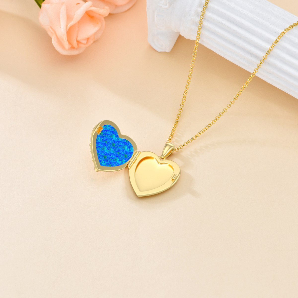 14K Gold Sonnenblume Herz Opal personalisierte Foto Medaillon Halskette-6