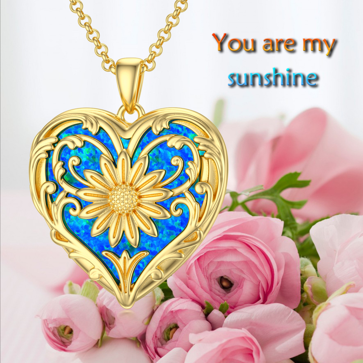 14K Gold Opal Sunflower & Heart Personalized Photo Locket Necklace-6