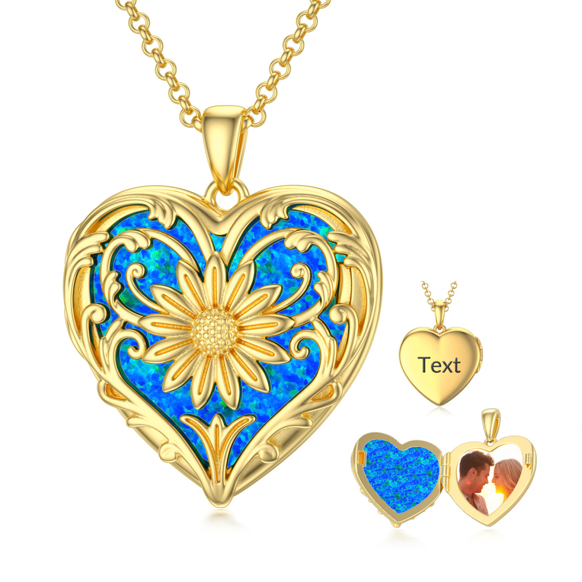 18K Gold Sonnenblume Herz Opal personalisierte Gravur Foto Medaillon Halskette-1