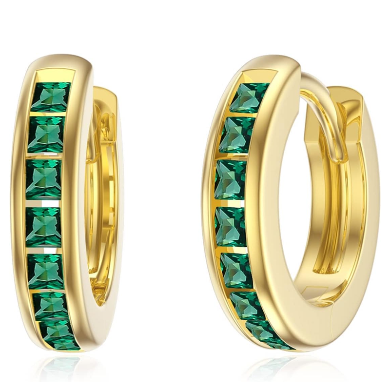 Gold Vermeil Synthetic Emerald Round Hoop Earrings for Women-1