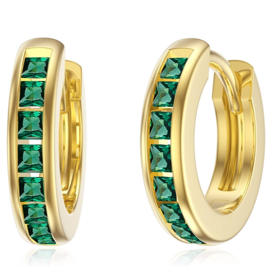 Gold Vermeil Synthetic Emerald Round Hoop Earrings for Women