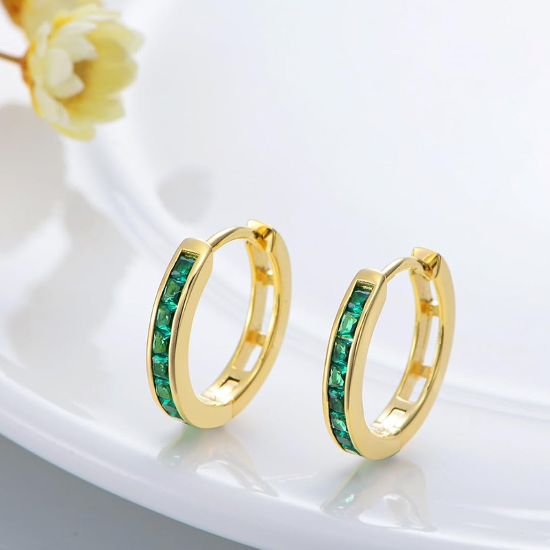 Gold Vermeil Synthetic Emerald Round Hoop Earrings for Women-3