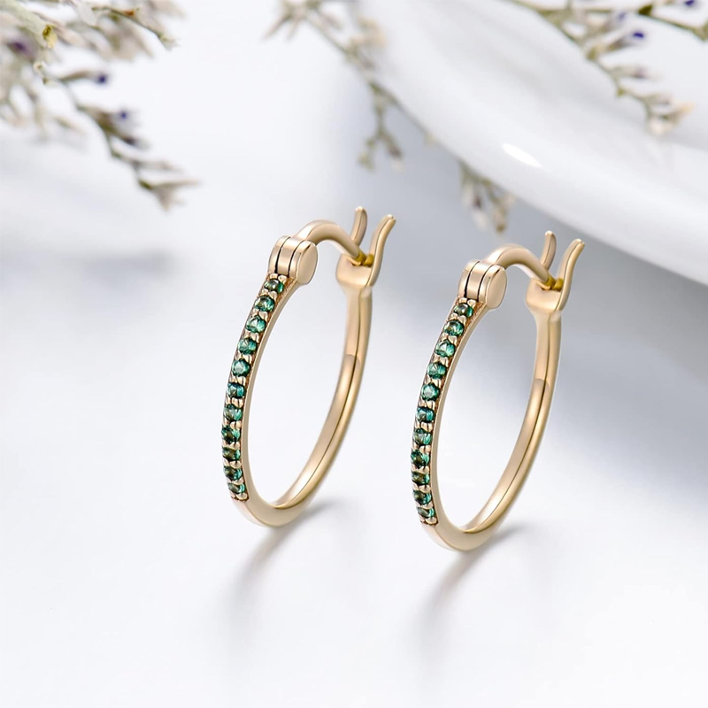 Gold Vermeil Synthetic Emerald Round Hoop Earrings for Women-4