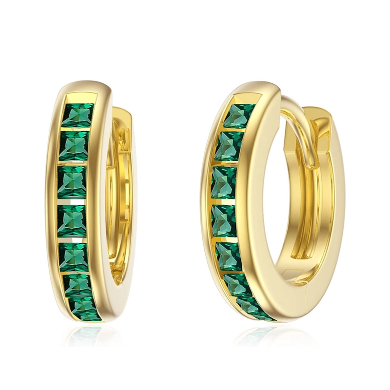 Gold Vermeil Synthetic Emerald Round Hoop Earrings for Women-1