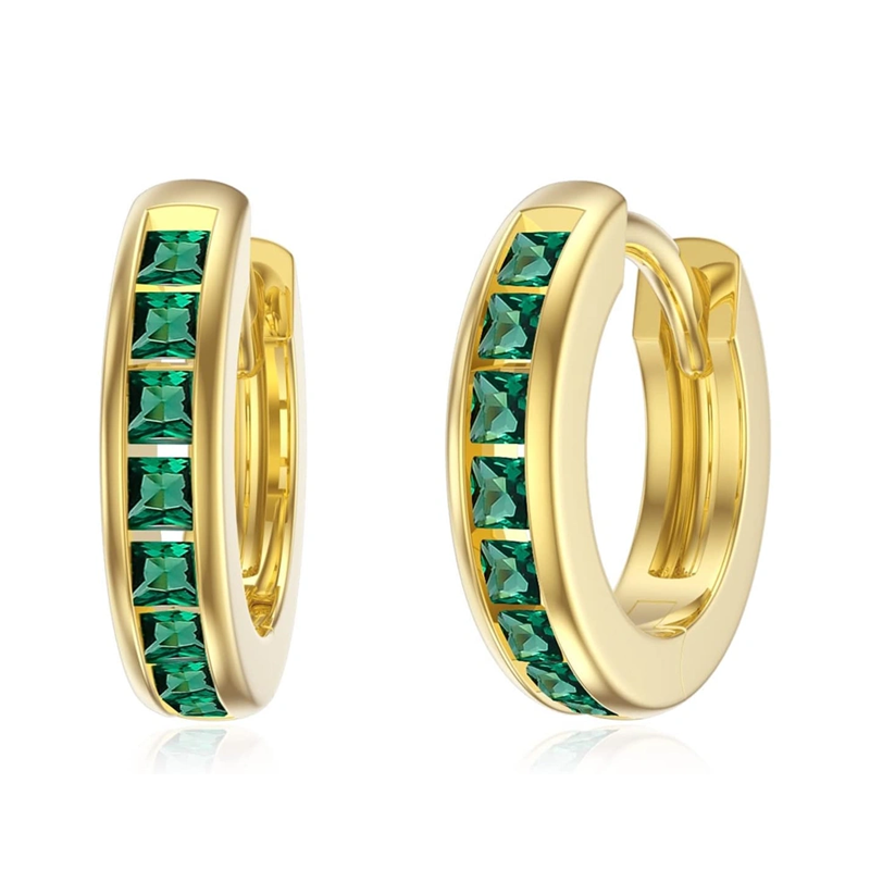 Gold Vermeil Synthetic Emerald Round Hoop Earrings for Women-13
