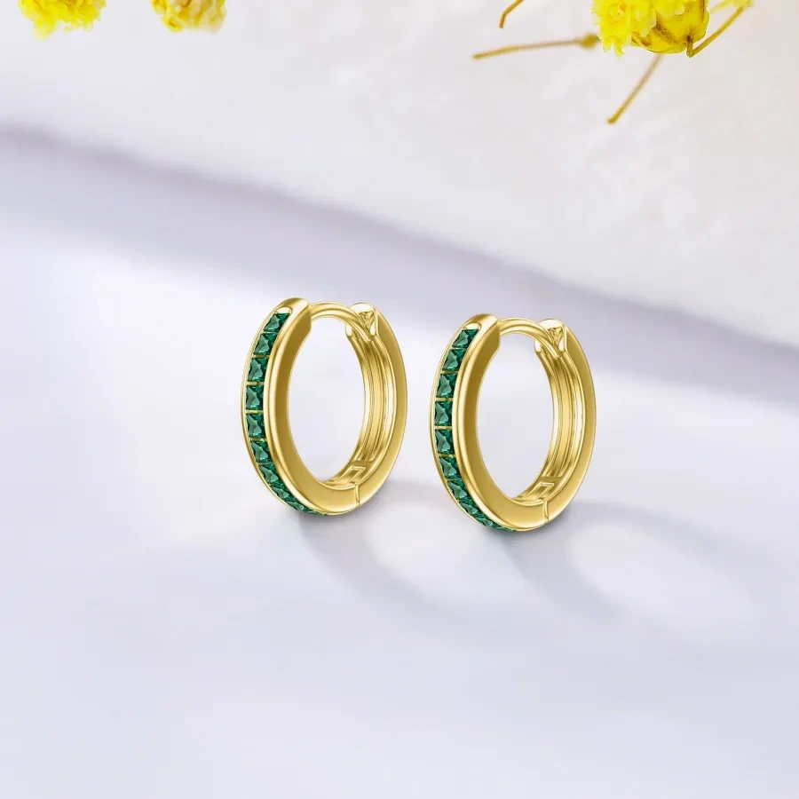 Gold Vermeil Synthetic Emerald Round Hoop Earrings for Women-4