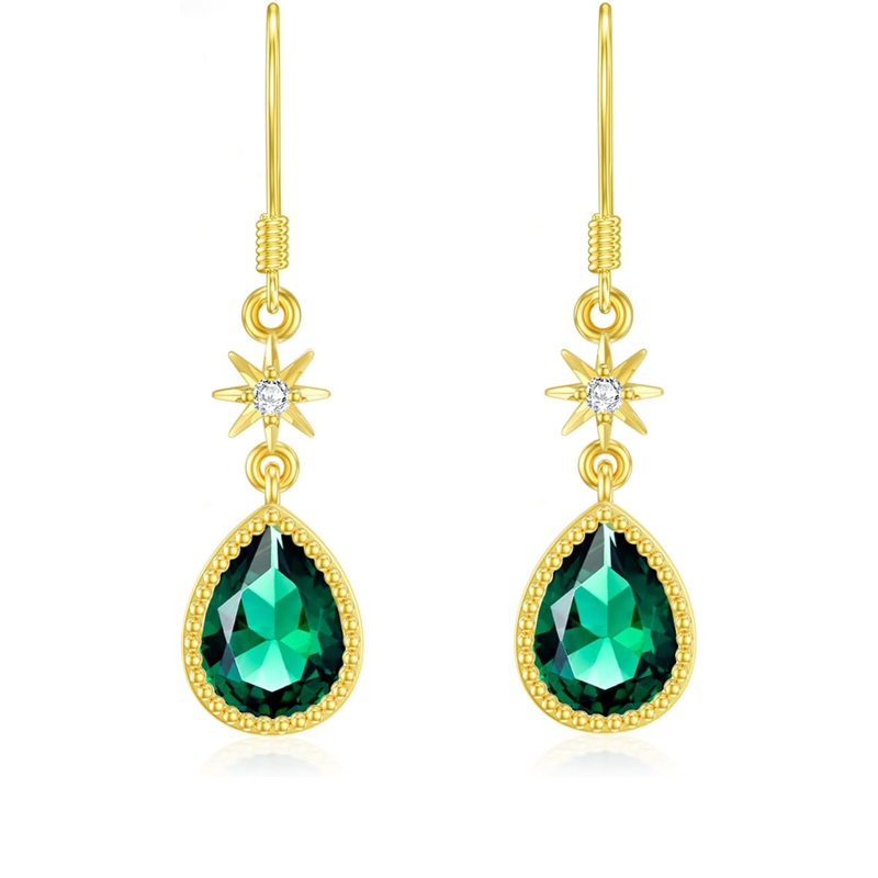 Gold Vermeil Synthetic Emerald Star Drop Earrings for Women-1