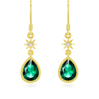 Gold Vermeil Synthetic Emerald Star Drop Earrings for Women-11