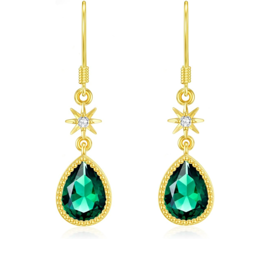 Gold Vermeil Synthetic Emerald Star Drop Earrings for Women