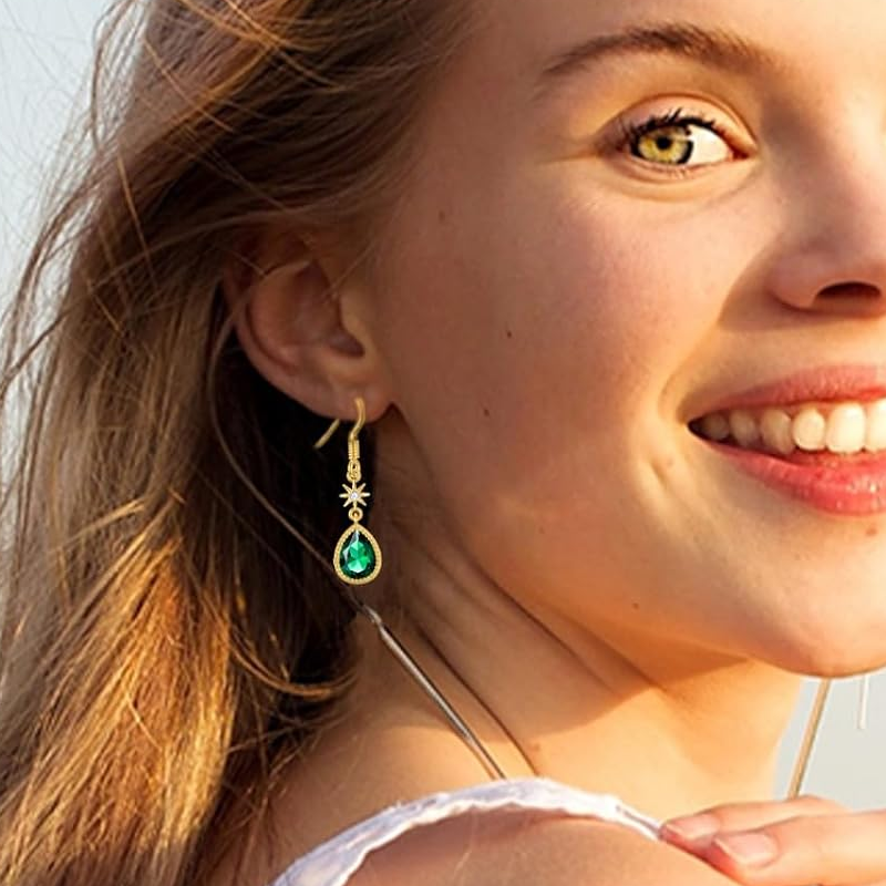 Boucles d'oreilles pendantes en vermeil or et émeraude synthétique en forme d'étoile pour femmes-2