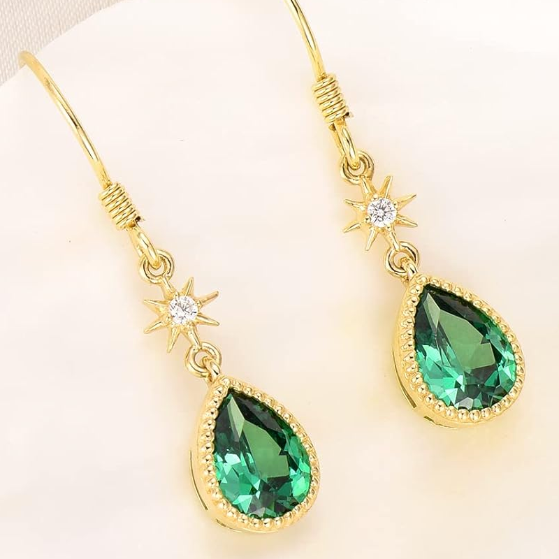 Gold Vermeil Synthetic Emerald Star Drop Earrings for Women-3