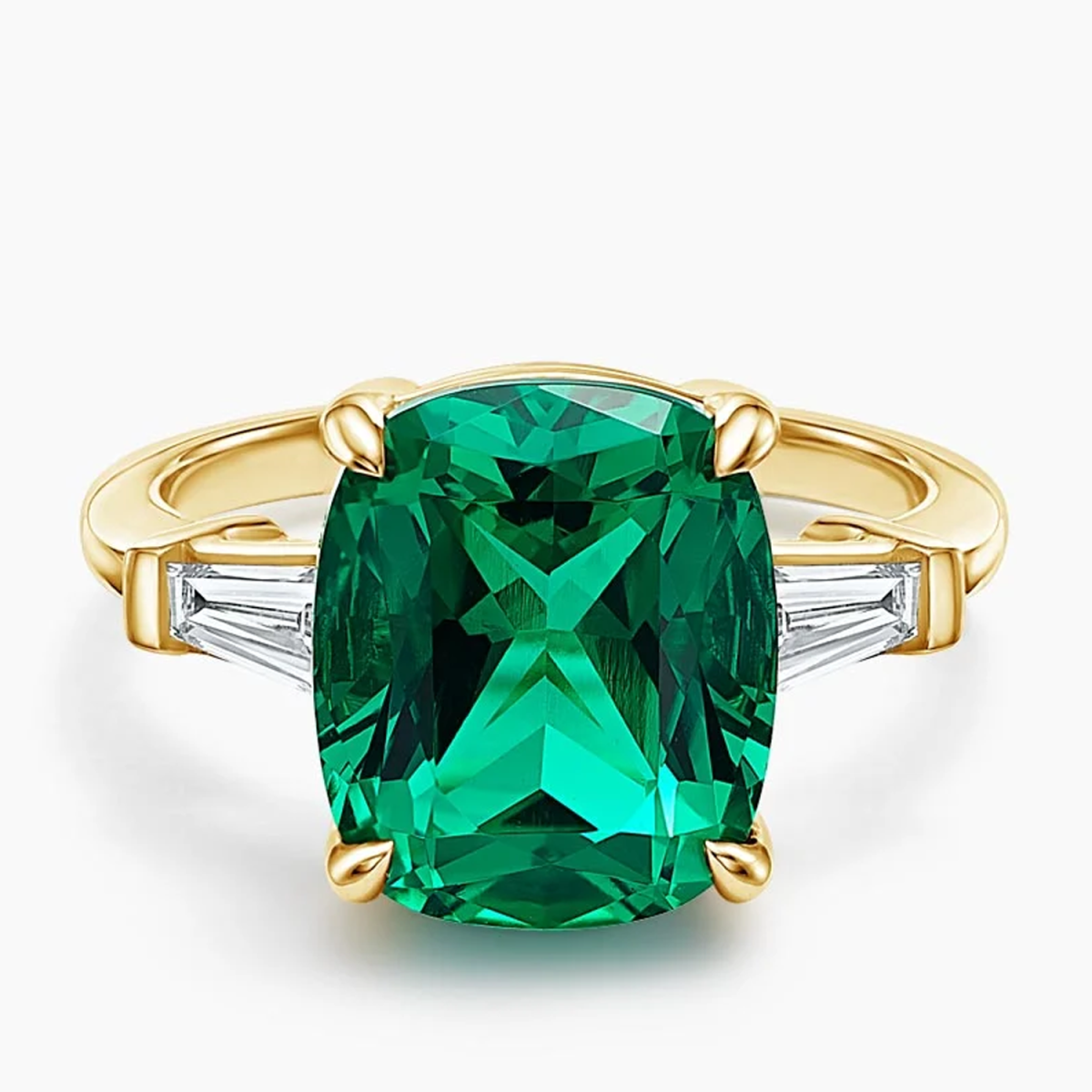 18K Gold Three Stone Lab Emerald Lab Created Diamond Engraving & Couple Engagement Ring-1