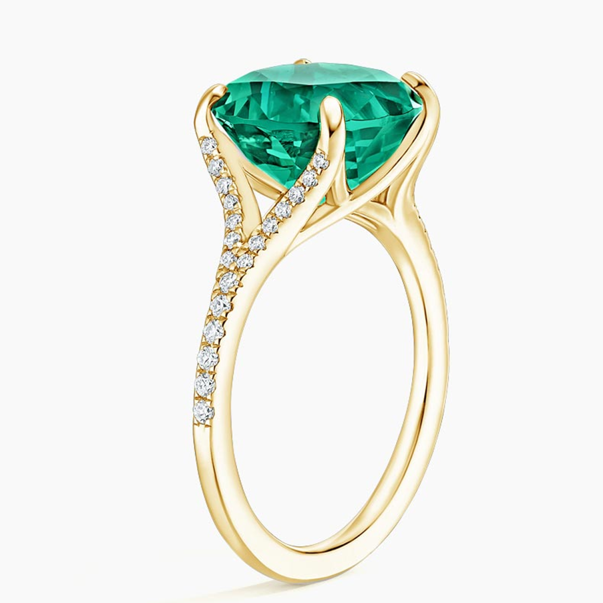 18K Gold Three Stone Lab Emerald Lab Created Diamond Engraving & Couple Engagement Ring-2