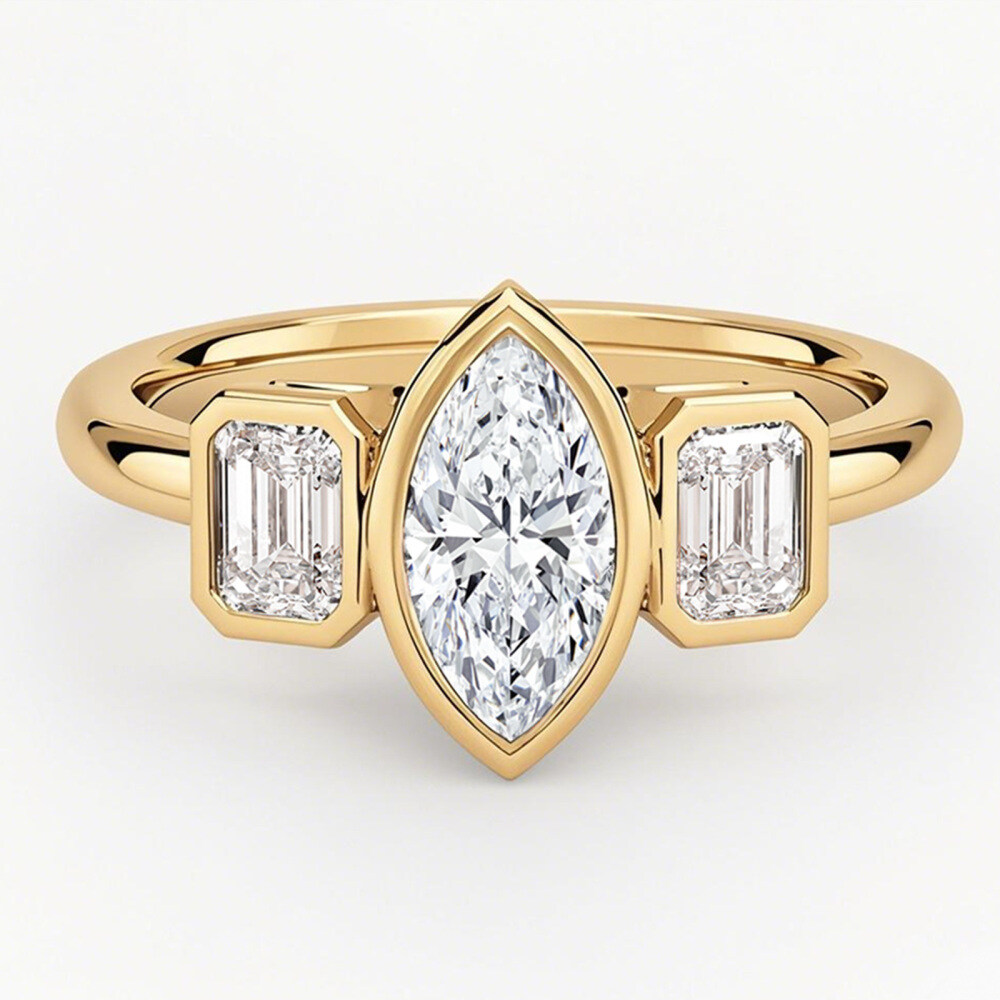 10K Gold 1 to 3.5 CT.T.W. Marquise Cut Lab Created Diamond Bezel Three Stone Engagement Band IGI Certified-1