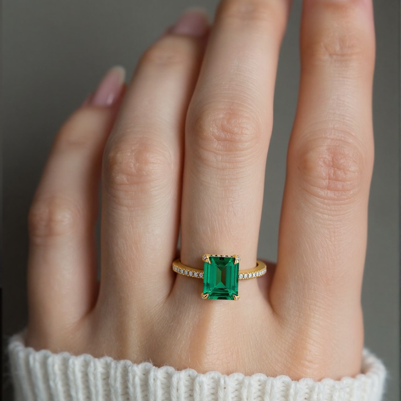 18K Gold 2 to 7 CT Emerald Lab Created Diamond & Lab Created Emerald Engagement Ring D Color VVS1-VS1 Clarity 3EX-5
