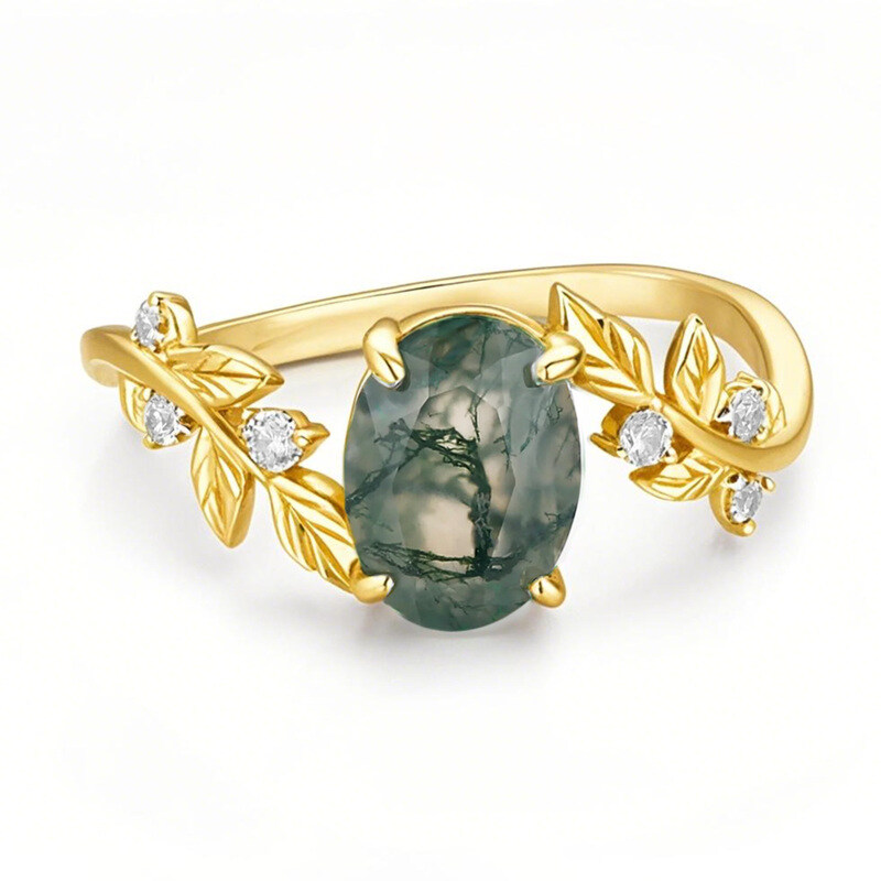 10K Gold 1 to 5 CT Oval Cut Moss Agate Between the Leaf Engagement Band-8