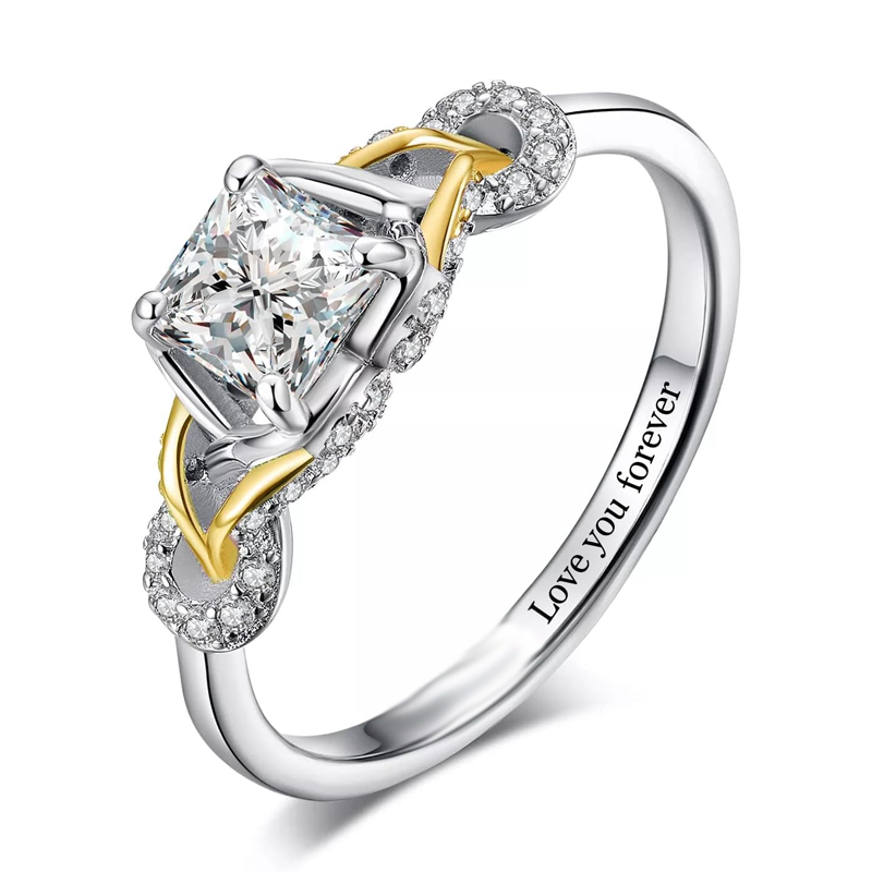 10K Gold Two-tone Moissanite Personalized Engraving & Square Wedding Ring for Women-1