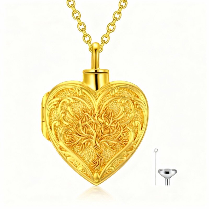 Colar com urna em forma de árvore da vida e coração em ouro de 18 quilates para cinzas.-1