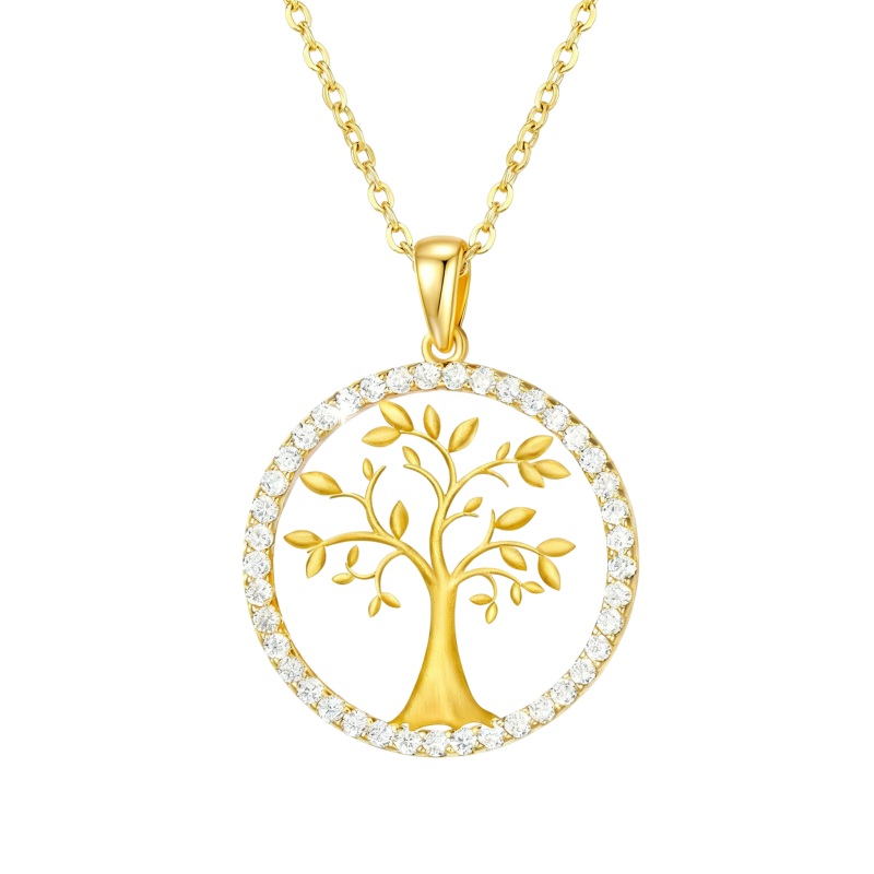 Collar con colgante del Árbol de la Vida de circonita cúbica y oro de 10 quilates-1
