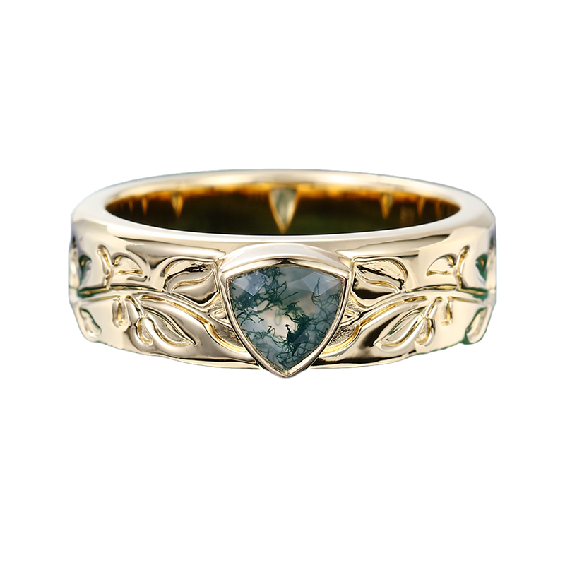 Sterling Silver with Yellow Gold Plated Trillion Cut Moss Agate Neutral Wedding Band-15