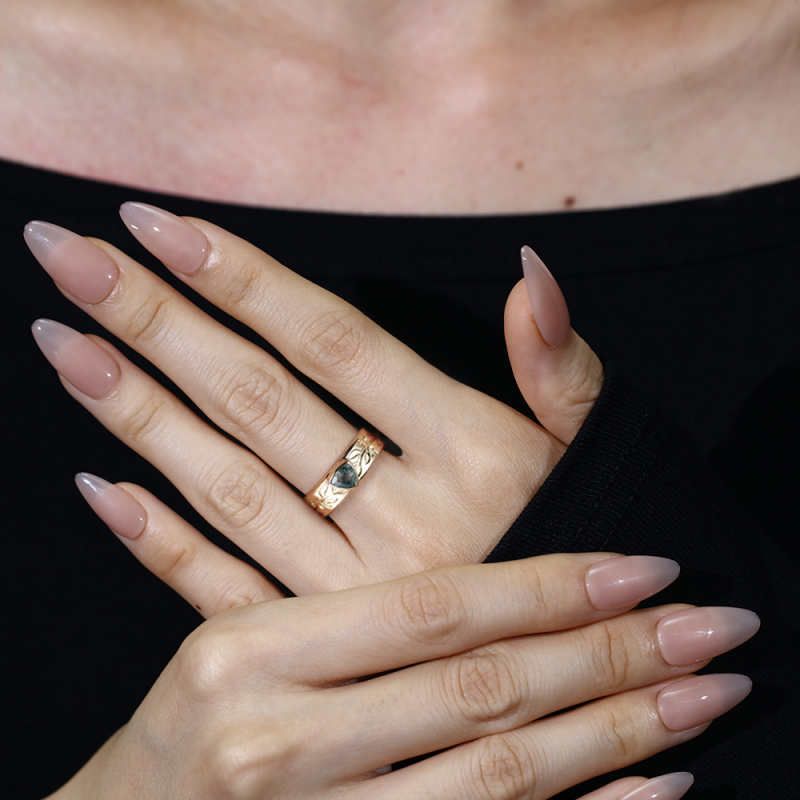 Sterling Silver with Yellow Gold Plated Trillion Cut Moss Agate Neutral Wedding Band-2