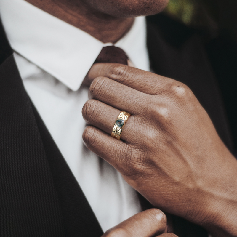 Sterling Silver with Yellow Gold Plated Trillion Cut Moss Agate Neutral Wedding Band-3