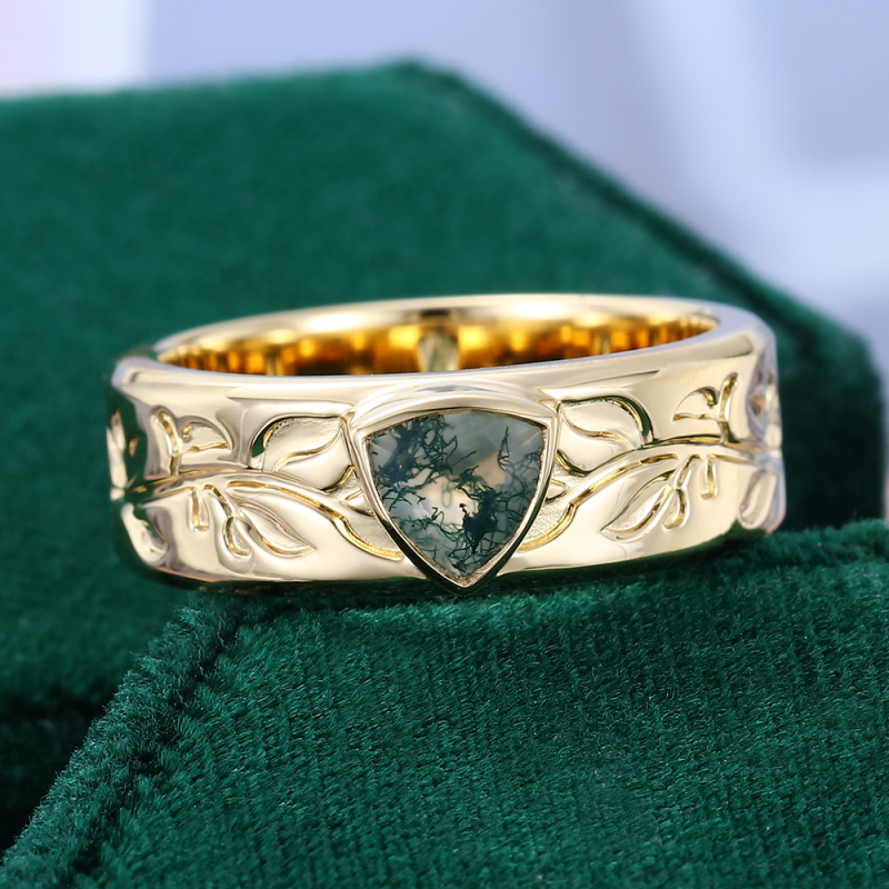 Sterling Silver with Yellow Gold Plated Trillion Cut Moss Agate Neutral Wedding Band-4