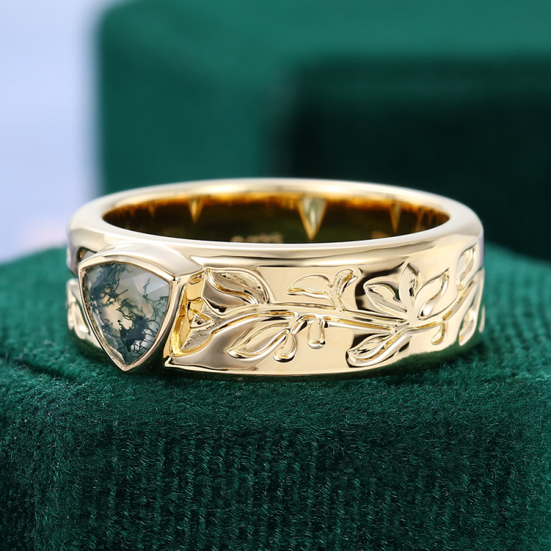 Sterling Silver with Yellow Gold Plated Trillion Cut Moss Agate Neutral Wedding Band-5