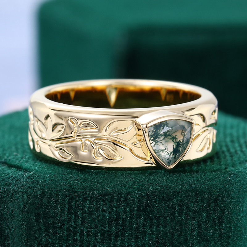 Sterling Silver with Yellow Gold Plated Trillion Cut Moss Agate Neutral Wedding Band-6