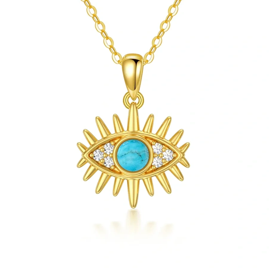 10K Gold Cubic Zirconia & Turquoise Evil Eye Pendant Necklace-1