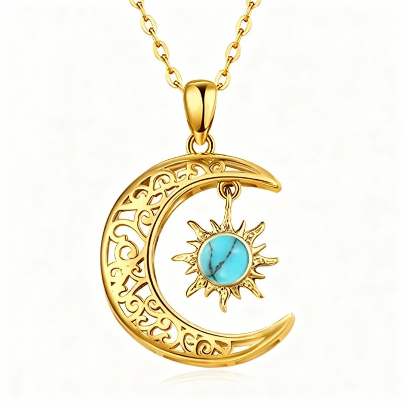 18K Gold Turquoise Moon & Sun Pendant Necklace-1