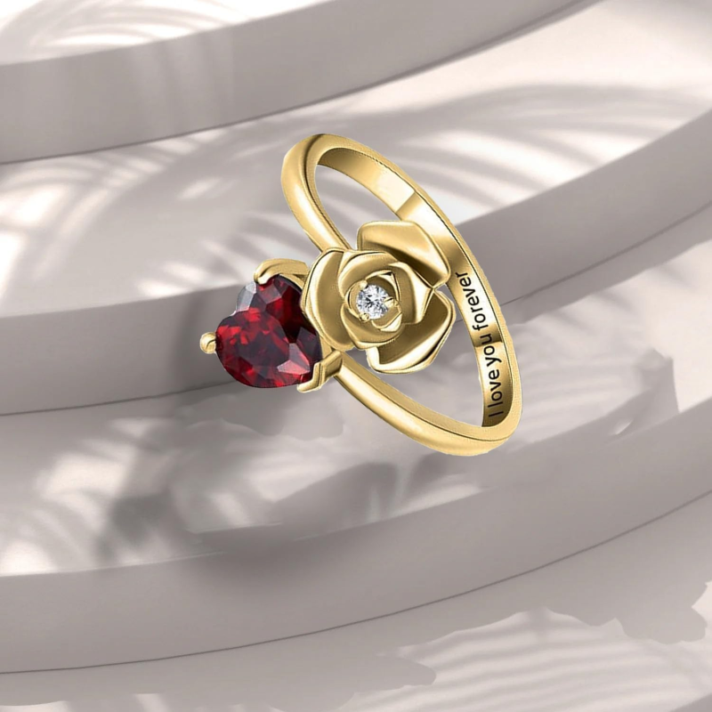 Anel em ouro vermeil com coração cravejado de zircónias cúbicas em forma de rosa e coração, representando a pedra do mês de nascimento.-4