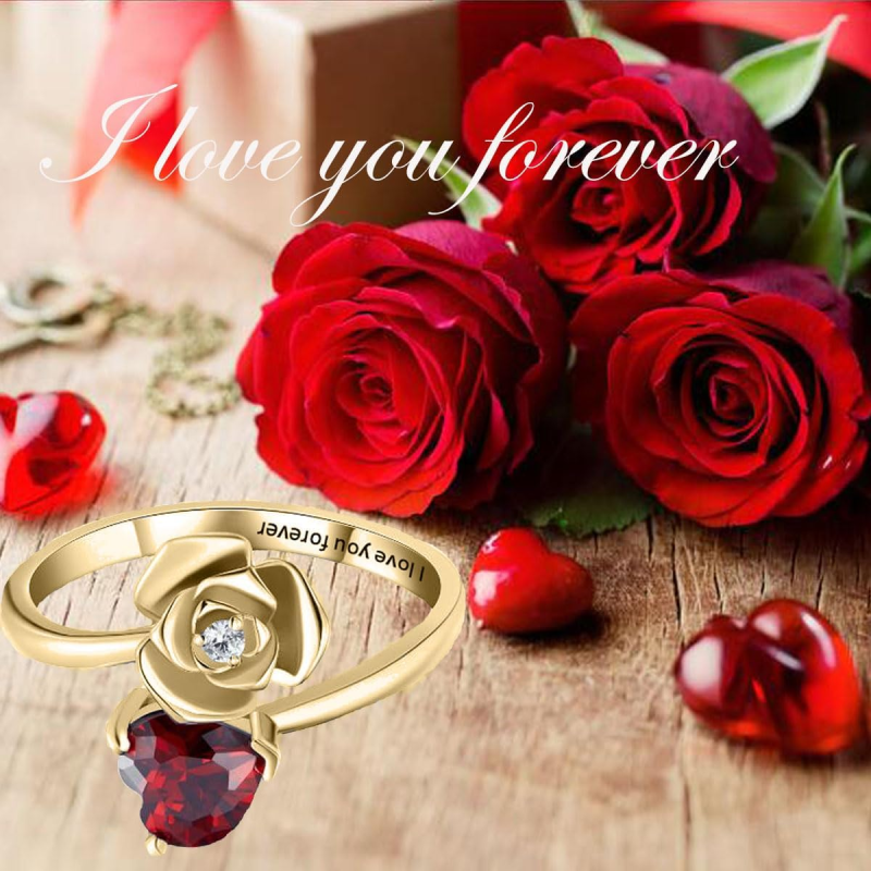 Anel em ouro vermeil com coração cravejado de zircónias cúbicas em forma de rosa e coração, representando a pedra do mês de nascimento.-5