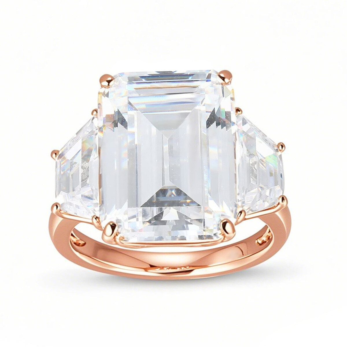 18 Karat Roségold, 12 Karat TW, Smaragdschliff, im Labor hergestellter Moissanit-Ring mit drei Steinen-1