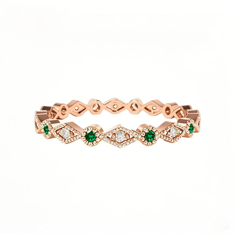 10K Rose Gold 0.05 CT.T.W. Diamonds & 0.17 CT.T.W. Emerald Art Deco Wedding Band-1