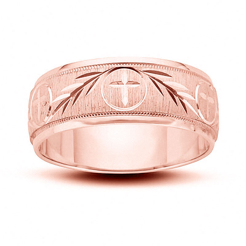 18K Rose Gold 8.0mm Cross and Ivy Custom Engraved Wedding Band for Men-1