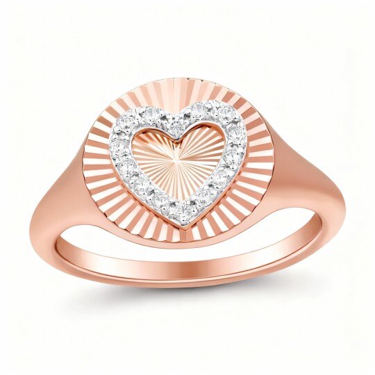 10K Rose Gold 1/10 CT Round Cut & Heart Cut Diamond Custom Signet Ring I Color I2 Clarity 3EX