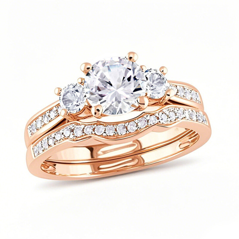 10-karatowe różowe złoto, 2,125 ct.T.W., okrągły, wykonany w laboratorium, biały szafir, zestaw ślubny z trzema kamieniami-1