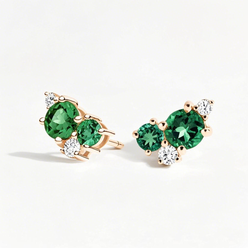 14K Rose Gold 0.16 CT.T.W. Emerald & Diamond Foliage Bouquet Earrings-1