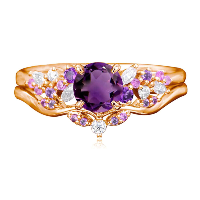 Conjunto de alianças personalizadas de casamento em ouro rosa 10K com corte redondo de 1 ct e pedra preciosa Ivy, conjunto vintage de alianças de compromisso de aniversário-4