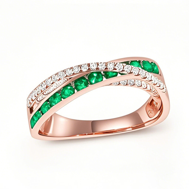 10K Rose Gold 0.25 CT.T.W. Round Emerald & Lab Created Diamond Wedding Ring 3EX-1
