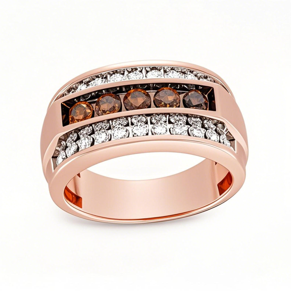 18K Rose Gold 1.25 CT.T.W. Round Lab Created Diamond Wedding Ring for Men M & Champagne Color VVS1 IGI Certified-1