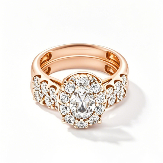 Bague de mariage en or rose 10 carats sertie de diamants ovales de synthèse (poids total : 2,25 à 4,75 carats), certifiée IGI (D VVS1 3EX).