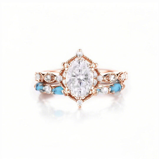 10K Rose Gold 1.25CT Oval Cut Moissanite Engagement Ring Set with Turquoise