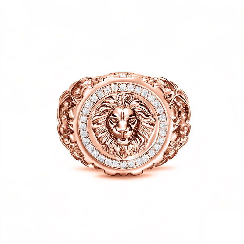 Anello con sigillo a forma di leone personalizzato in oro rosa 10 carati con diamanti rotondi da 0,25 carati, per uomo, colore I, purezza I3, 3EX-1