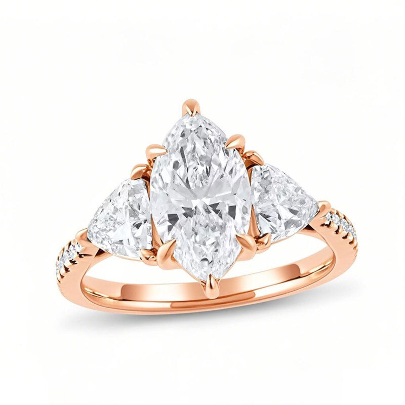 14 Karat Roségold, 3,33 ct. Gesamtgewicht, birnenförmiger, im Labor hergestellter Diamant, Dreistein-Verlobungsring, individuell angefertigt, Farbe: D, VVS1-VS1, IGI-zertifiziert-1