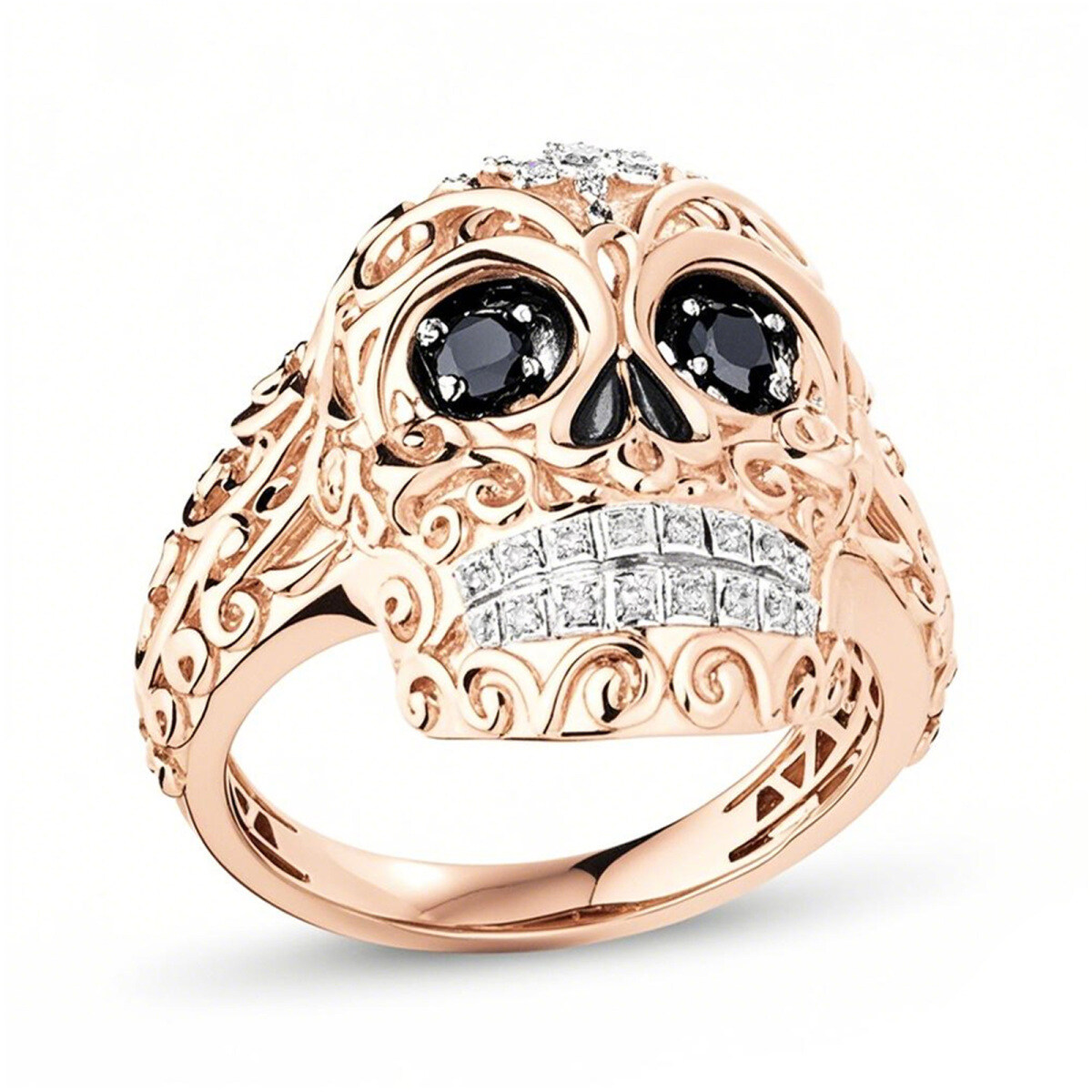 Anillo de oro rosa de 14 quilates con 0,38 quilates de peso total, con cruz de calavera y diamantes blancos y negros, con remolinos decorativos para hombre-1