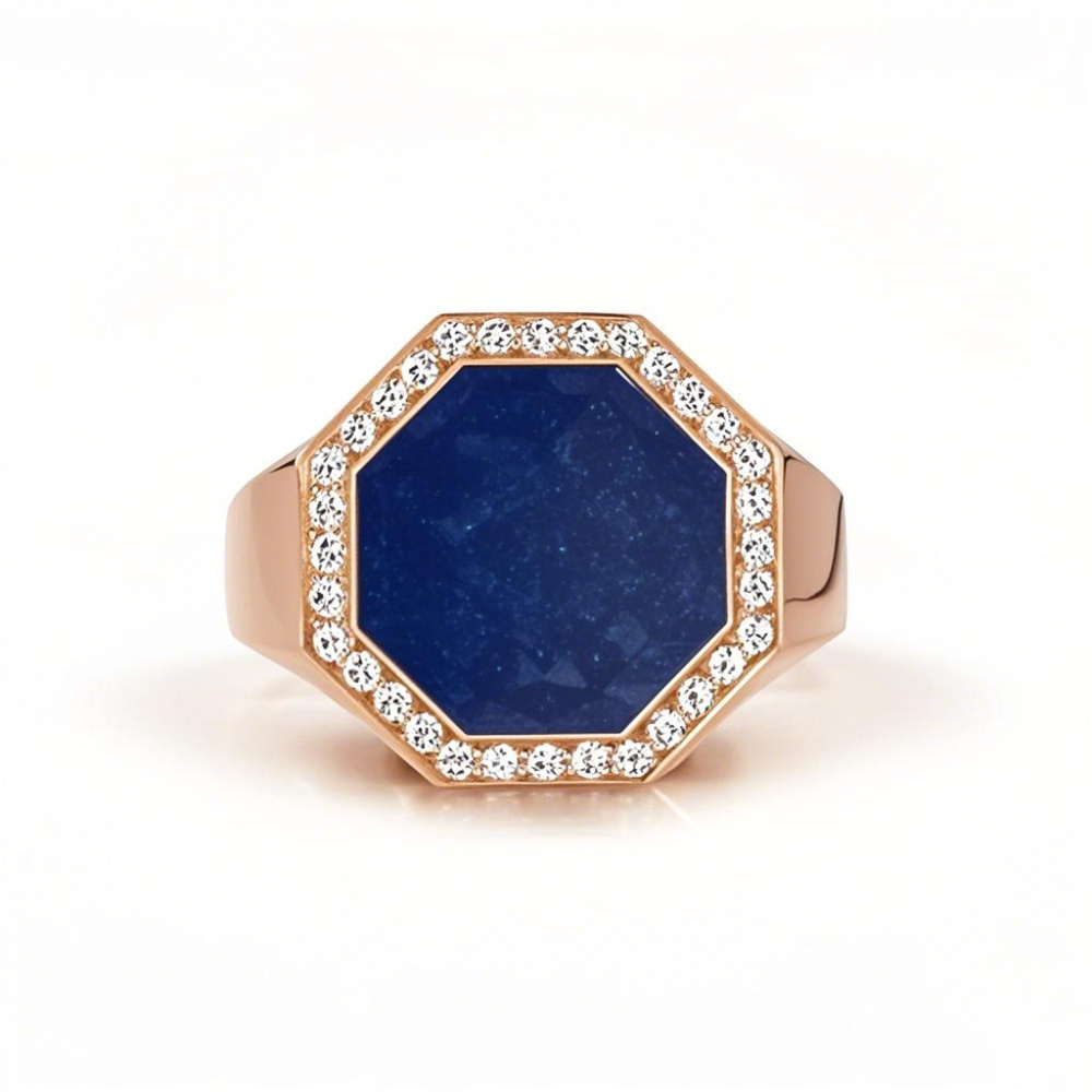 Anel de nome clássico personalizado em ouro rosa 14K com zircônia cúbica e lápis-lazúli 3CT para homens-1